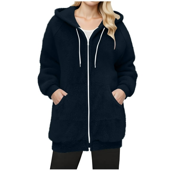 XPMWRP Women's Winter Solid Color Quilted Coats Fleece Zip Up Hoodie Fuzzy Warm Coat Casual Lightweight Jackets Soft Outwear with Pockets Blue XXL
