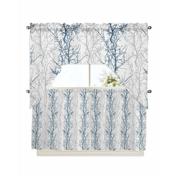 Navy Blue Grey Branch Kitchen Curtains Swag Valance and Tier Curtains Set 24 Inch Length, Spring Summer Pastoral Botanical Rod Pocket Drape Panels Pair Swag Curtains for Bathroom/Cafe/Window