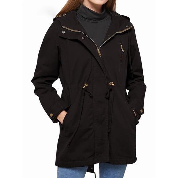 Women'S Rain Jacket Long Raincoat Hooded Drawstring Waist Windbreaker Waterproof Jackets with Pockets