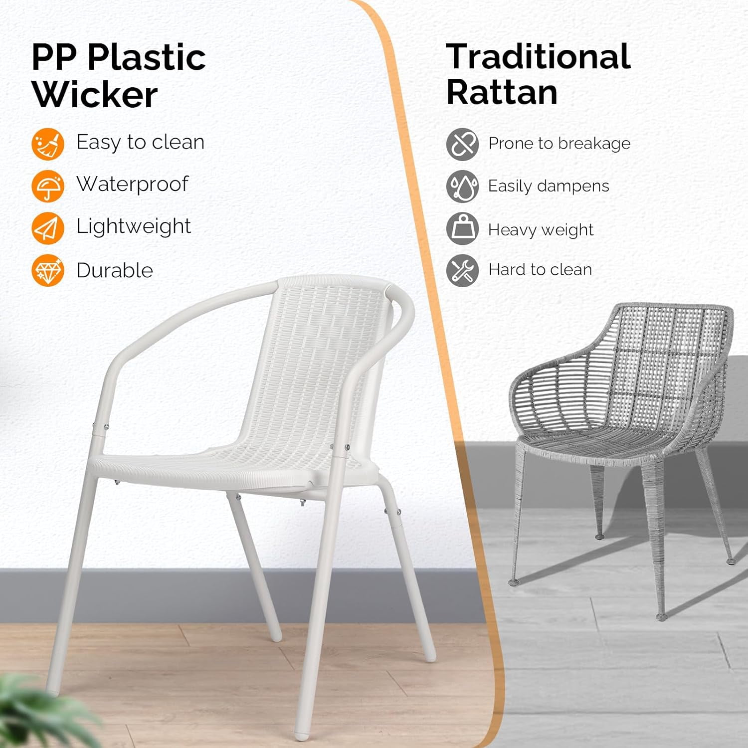PEXMOR PE Rattan Outdoor Dining Chairs Set of 2, Plastic Stackable Patio Chairs for Garden, Porch & Indoor Use