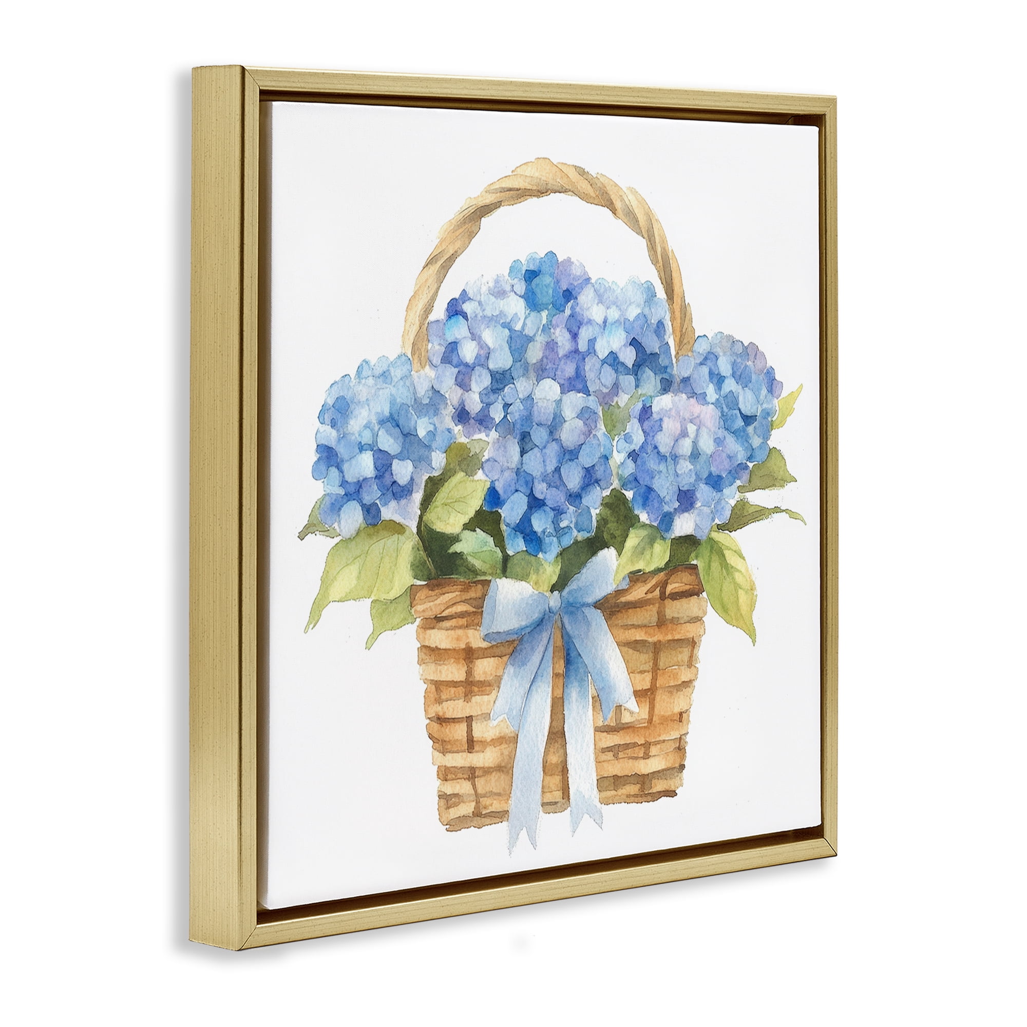 Stupell Industries Pretty Blue Hydrangea Picnic Basket Gold Framed Floater Canvas Wall Art, design by Petal Prints Design