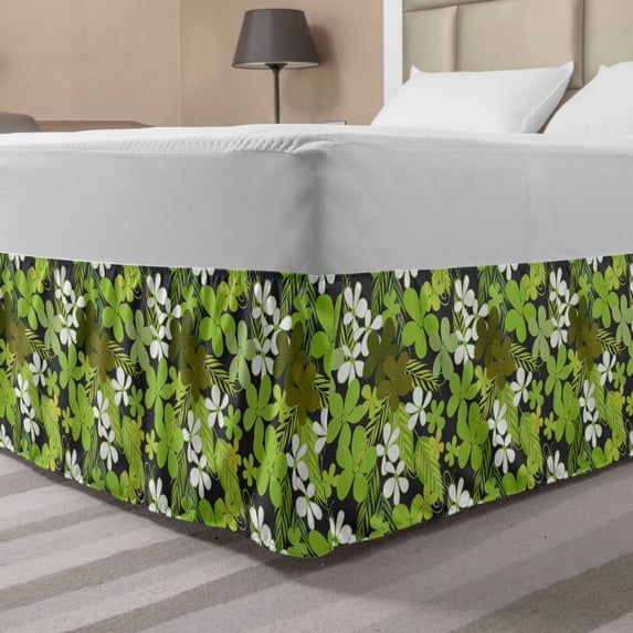 Sage Bed Skirt, Fresh Nature Theme Wildflowers Leaves Bloom Foliage Nostalgia Vintage Abstract, Elastic Bedskirt Dust Ruffle Wrap Around for Bedding Decor, 4 Sizes, Green Black White, by Ambesonne