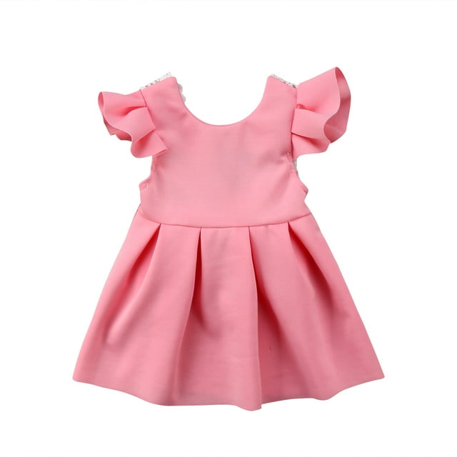Vestido Para NiñAs Color SóLido Manga Voladora Encaje Bowknot Vestido De Fiesta Vestido De Princesa XBTCLXEBCO Rosado;12-18Meses