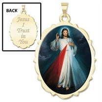 Divine Mercy Double Sided Scalloped Oval Religious Medal Color 3/4 Inch X 1 Inch -Solid 14K Yellow Gold