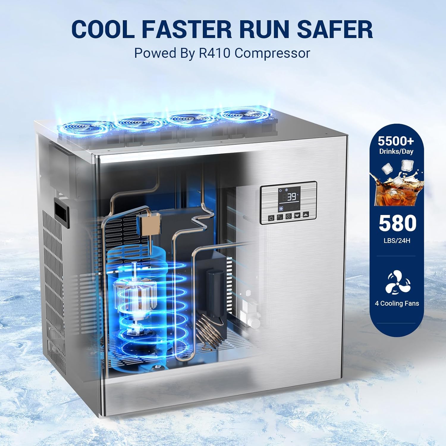 Professional Undercounter Ice Machine - 500Lbs/24H Output, 45Lbs Storage Capacity, Stainless Steel Built-in Design for Commercial Bars & Restaurants