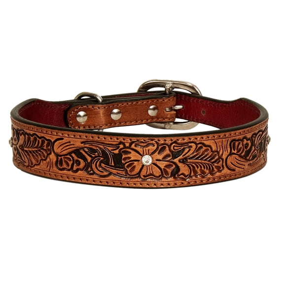 Medium Strong Genuine Leather Dog Collar Hand Tooled Hilason