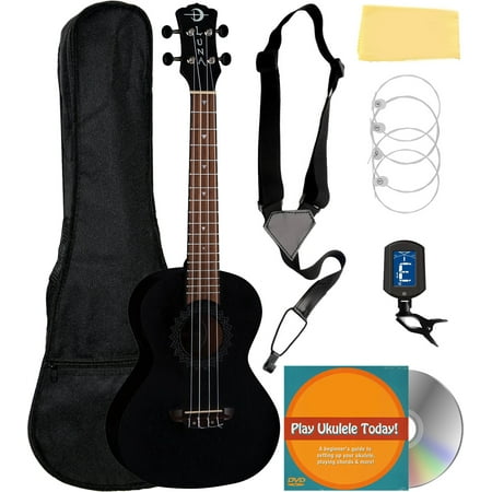 Luna Vintage Mahogany Tenor Ukulele - Black Satin Bundle with Gig Bag, Strap, Tuner, Strings, Austin Bazaar Instructional DVD, and Polishing Cloth