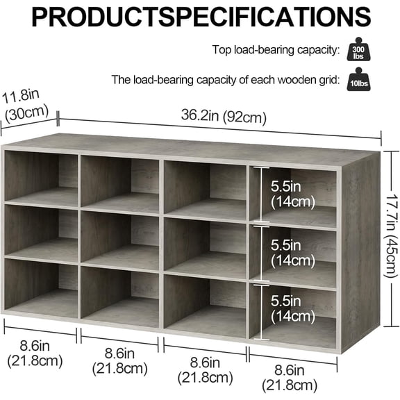 Shoe Storage Bench, Cubby Shoe Rack with 12 Cubbies, 3-Tier Wood Shoe Rack Organizer, Shoe Organizer Cabinet for Entryway, Hallway, Closet and Garage, Grey