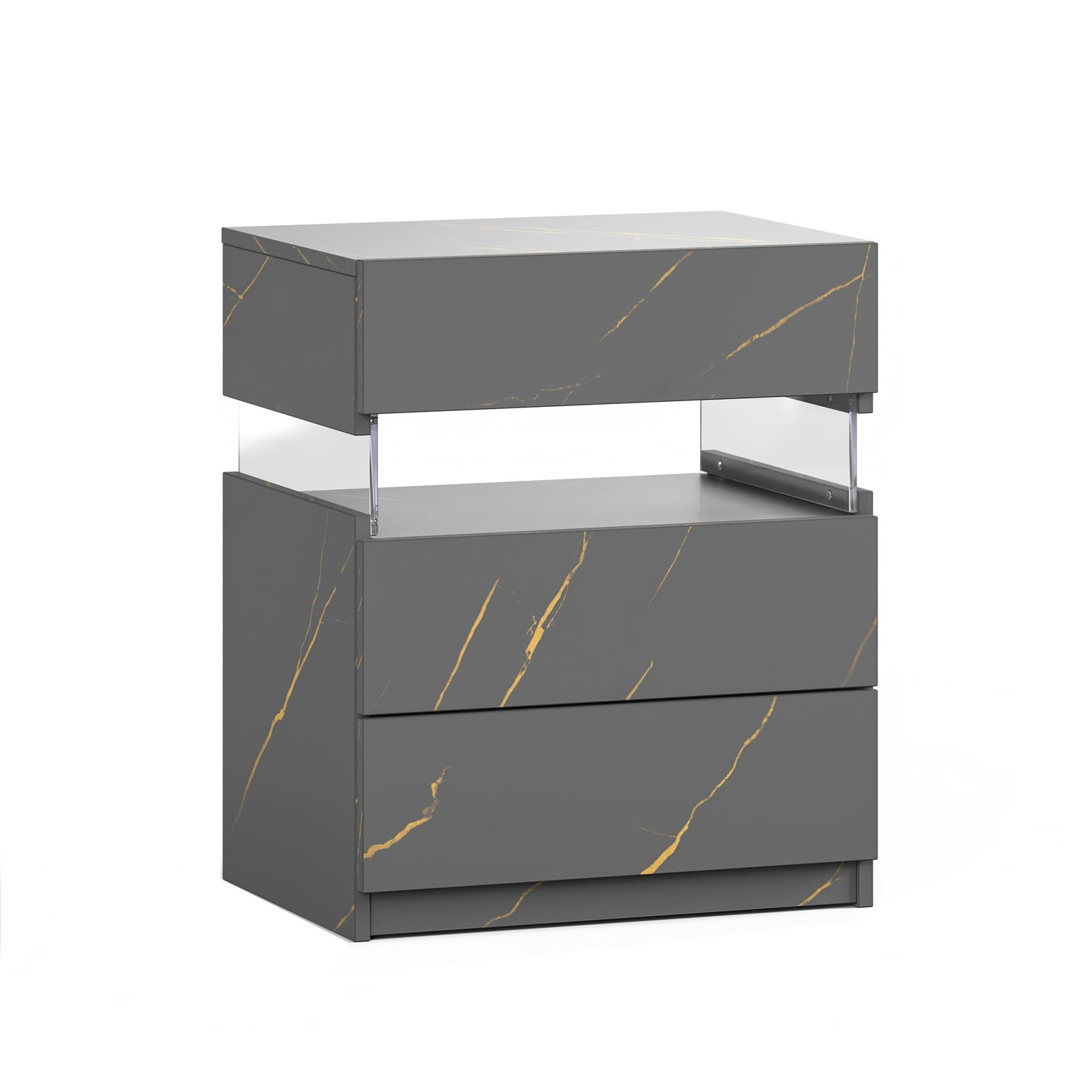 Hommoo 3 Drawer Dresser LED Nightstands, End Table Bedside Tables for Bedroom, Living Room, Gray Gold