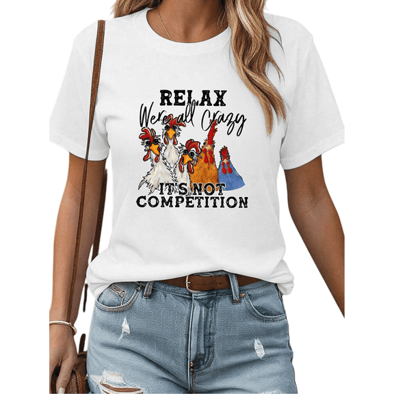 Women's Crew Neck Printed Cotton Tee Funny Rooster Slogan Casual Loose T Shirt Graphic Tees Tops White S-5XL