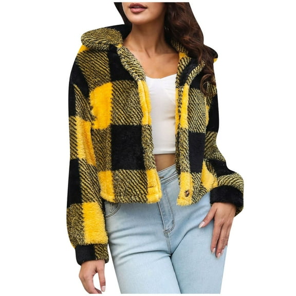 XFLWAM Women's Fuzzy Fleece Plaid Jacket Cropped Coats Button Down Lapel Sherpa Shacket Outwear with Pockets Yellow S