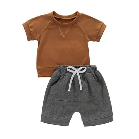 

ZRBYWB Toddler Kids Baby Boys Clothes Summer Outfit Clothes Sets Short Sleeve Solid O Neck T Shirt Tops Drawstring Shorts With Pocket