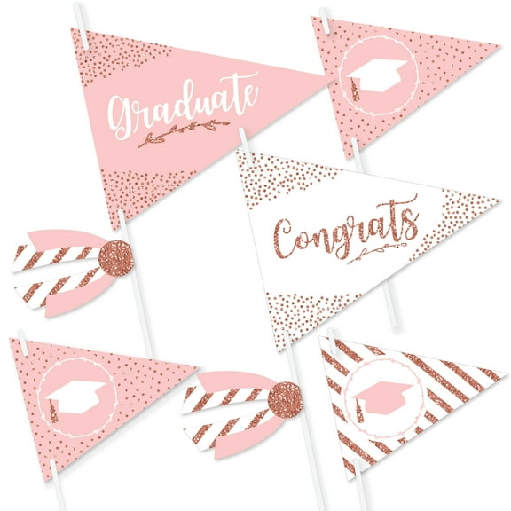 Big Dot of Happiness Rose Gold Grad - Triangle Graduation Party Photo Props - Pennant Flag Centerpieces - Set of 20