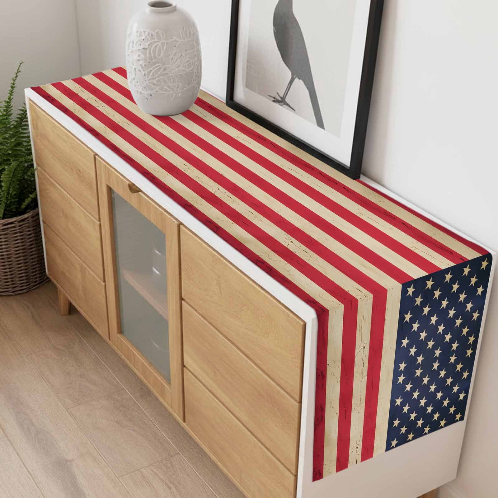 Vintage American Flag Table Runner-70 Inch Long Red White Striped Table Runners Linen Burlap Tablerunner for Kitchen Dining Room Holiday Party