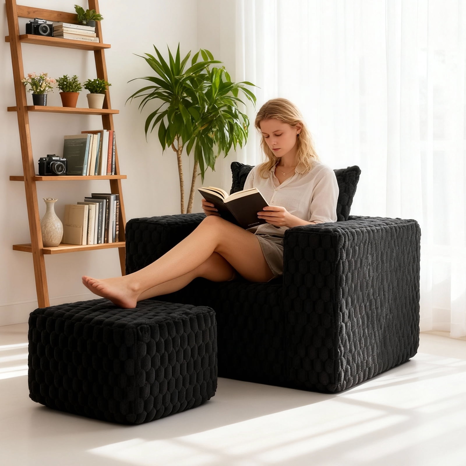 Lounge Sofa, Single Sofa, Boneless Chair with Ottoman and High Backrest, High-Density Foam Filled, No Assembly Required for Living Room, Compact Spaces, 43 Inch Wide, Black