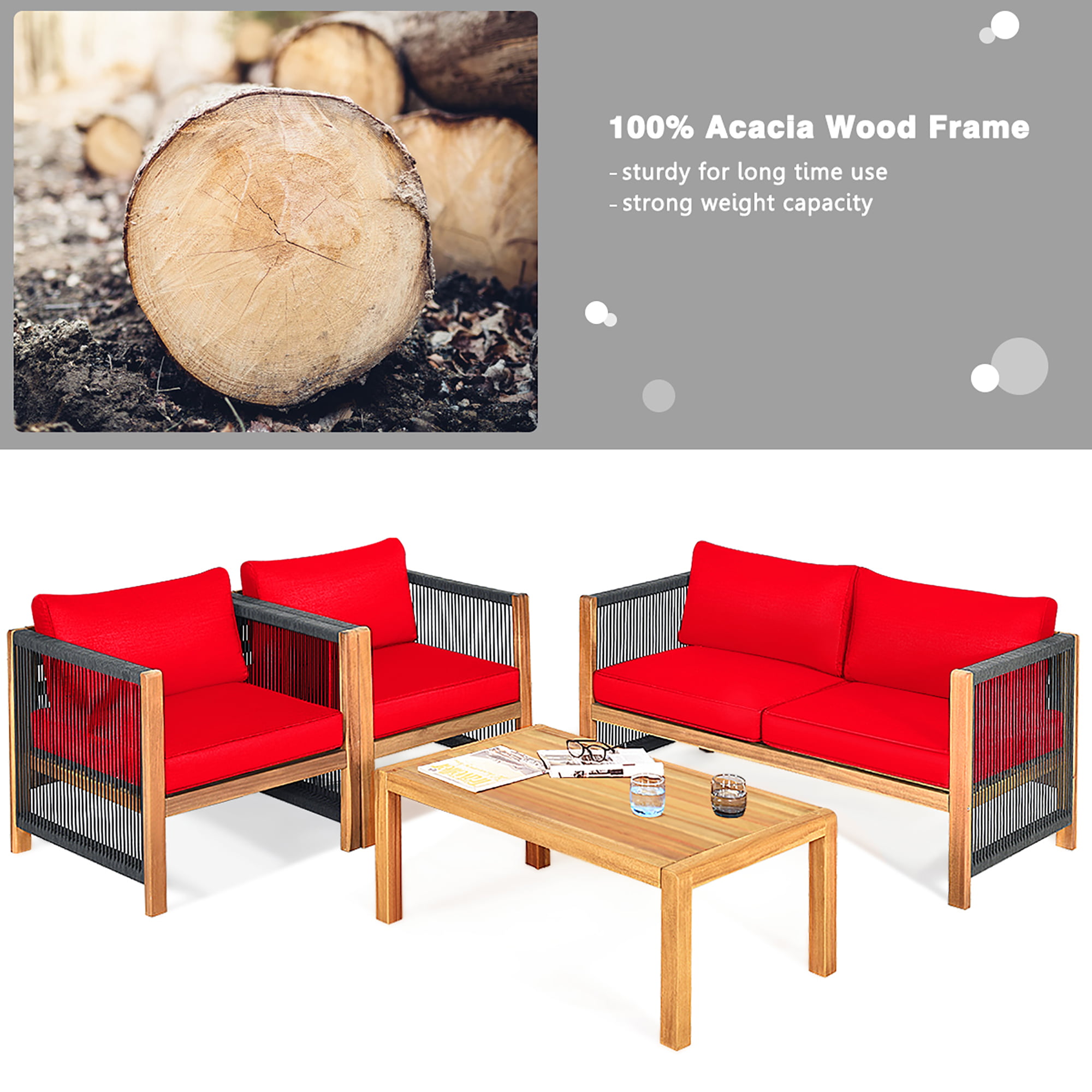 Costway 4 PCS Acacia Wood Patio Conversation Set w/Cushions for Garden Red  