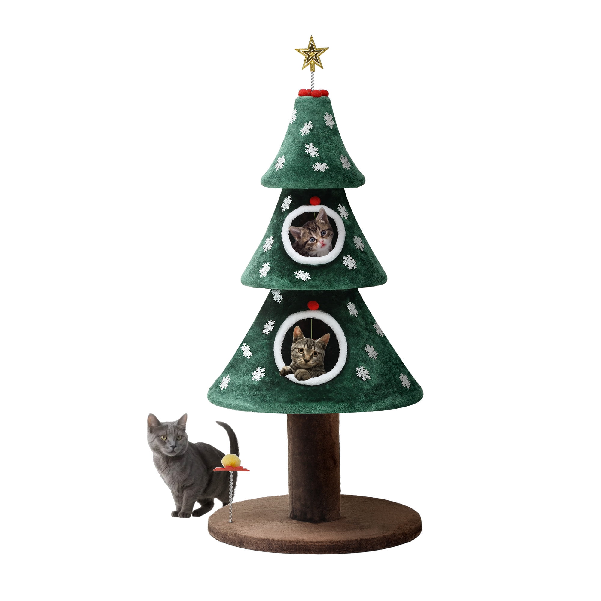 Uforic 52 Inch Christmas Tree Style Cat Tower with 2 Cat Houses, DIY Snowflake & Star Festive Decor, Green