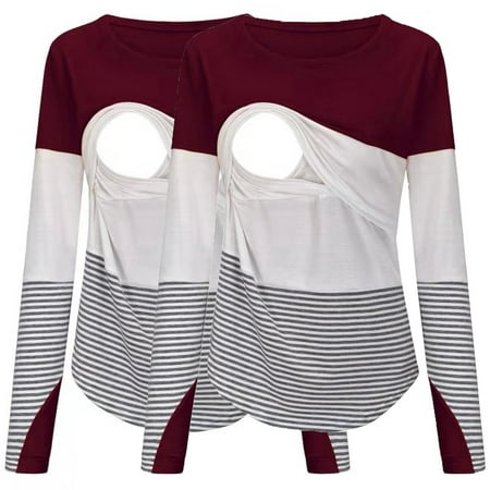 

Womens Maternity Long Sleeve Crew Neck Striped Printed Nursed Tops T Shirt For Breastfeeding 2 Pack