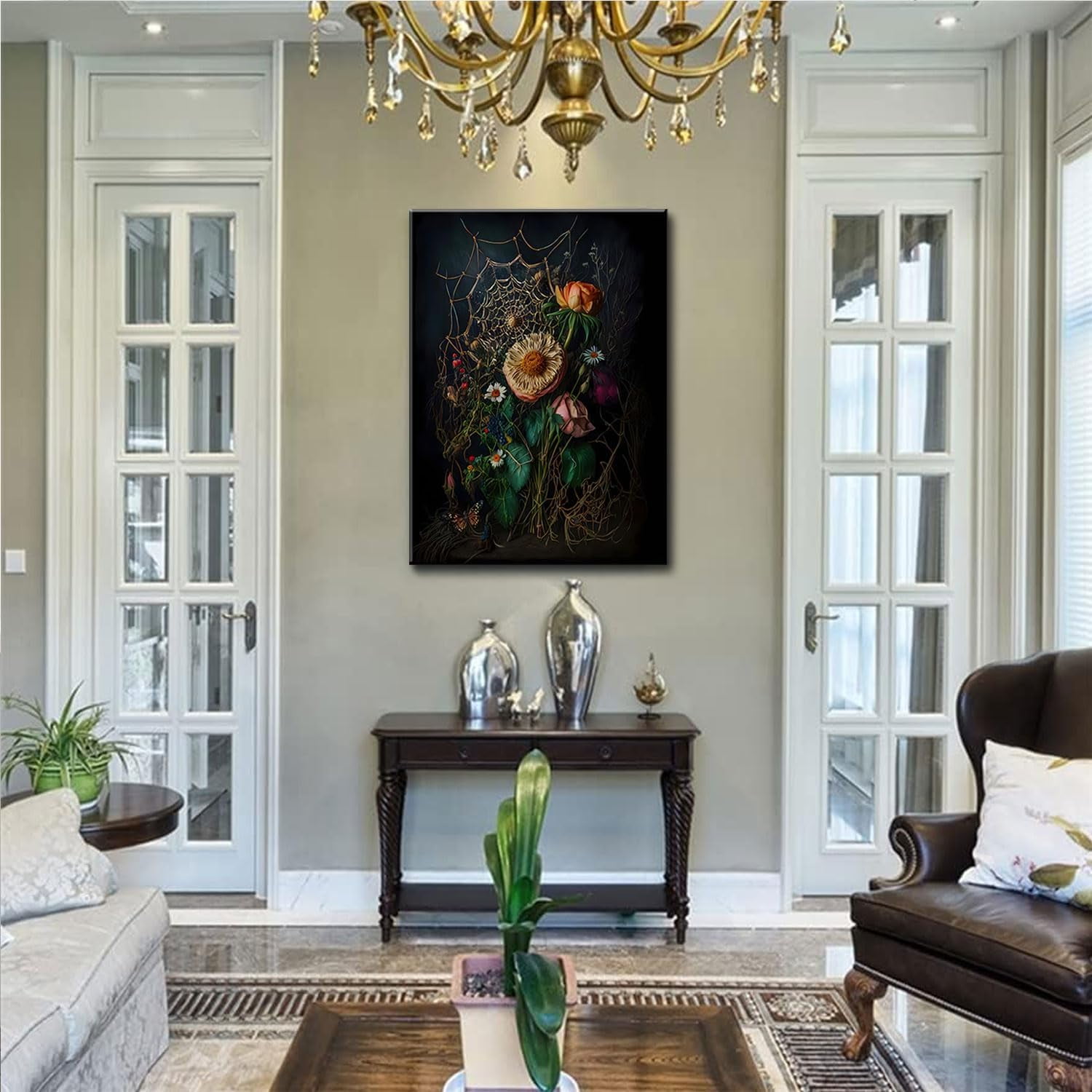 Framed Vintage Botanical Floral Spiderweb Canvas Moody Wall Art Prints Victorian Gothic Dark Academia Poster Wall Decor Aesthetic Room Art Retro Plant Oil Painting 12"x16"