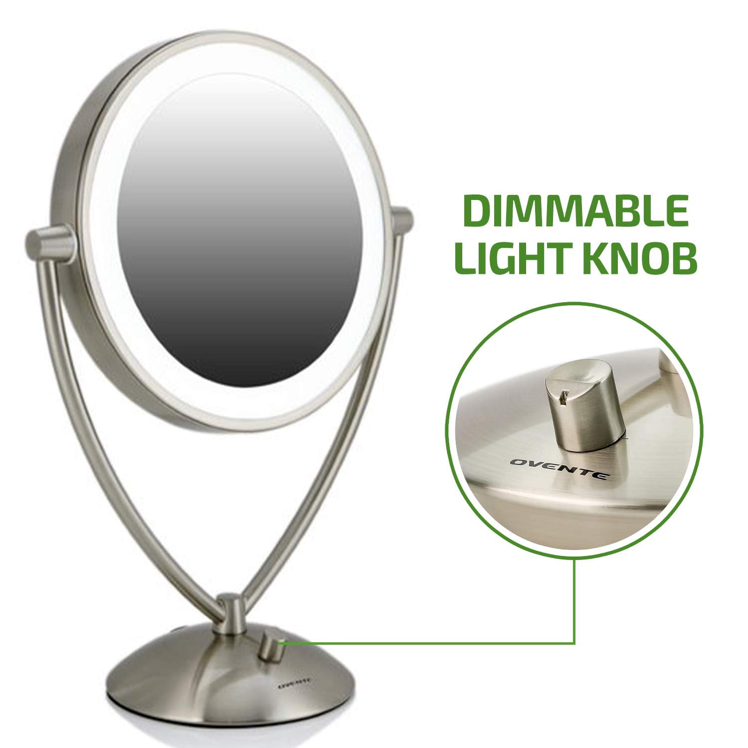 OVENTE LED Lighted Makeup Mirror 7.5 Inch Table Top 1X 5X Magnifier Dimmable illuminated Adjustable Circle 360 Degree Double Sided Acrylic Edge Battery USB Operated Large Nickel Brushed MLT75BR1X5X