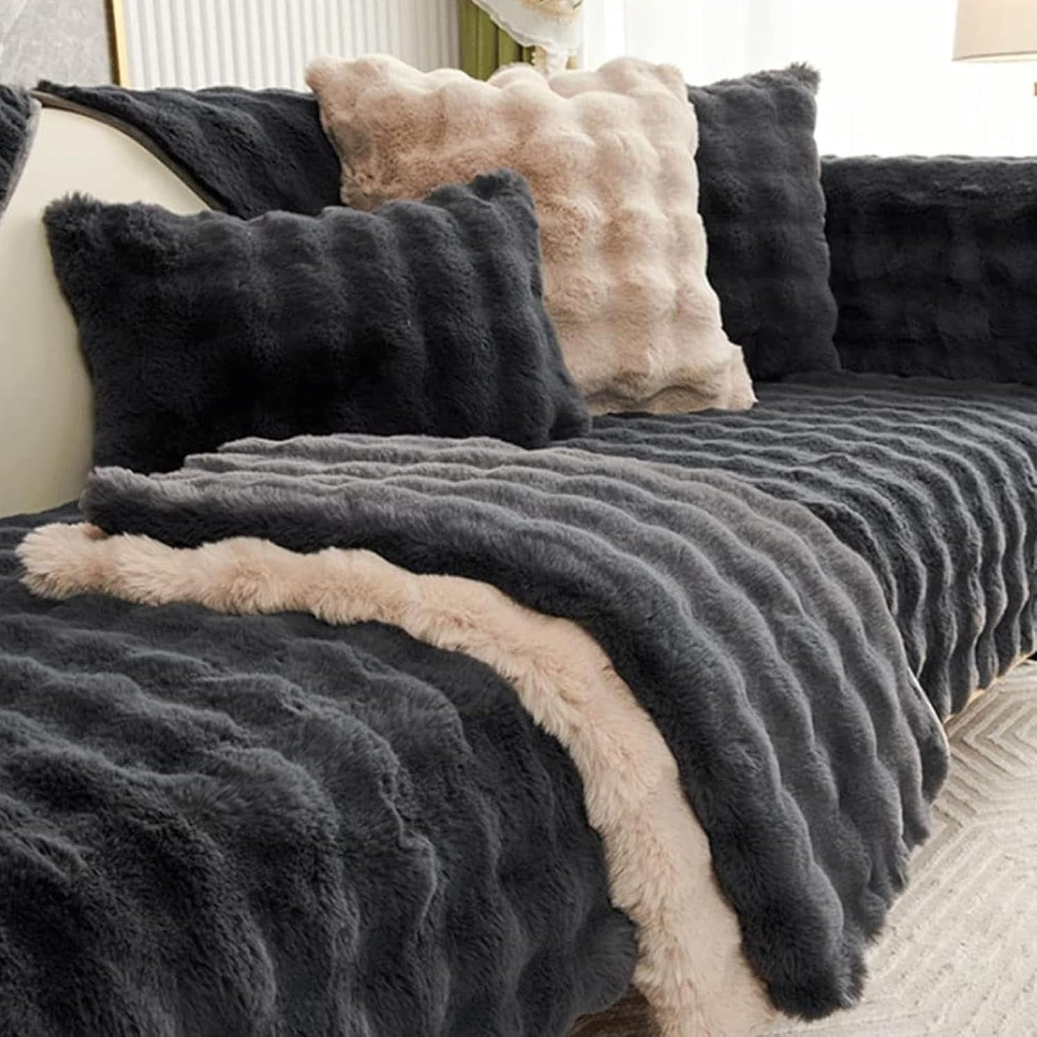 Thick Rabbit Plush Sofa Covers,Non Slip Faux Fur Sofa Cover for Living Room, Furniture Protector Fluffy Slipcovers for L Shape Sectional Sofa Slipcover