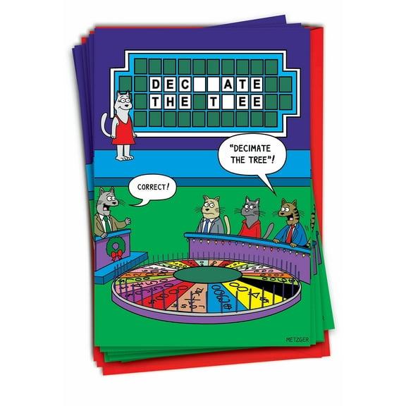 12 Funny Christmas Greeting Cards (1 Design, 12 Cards) - Cat Wheel of Fortune