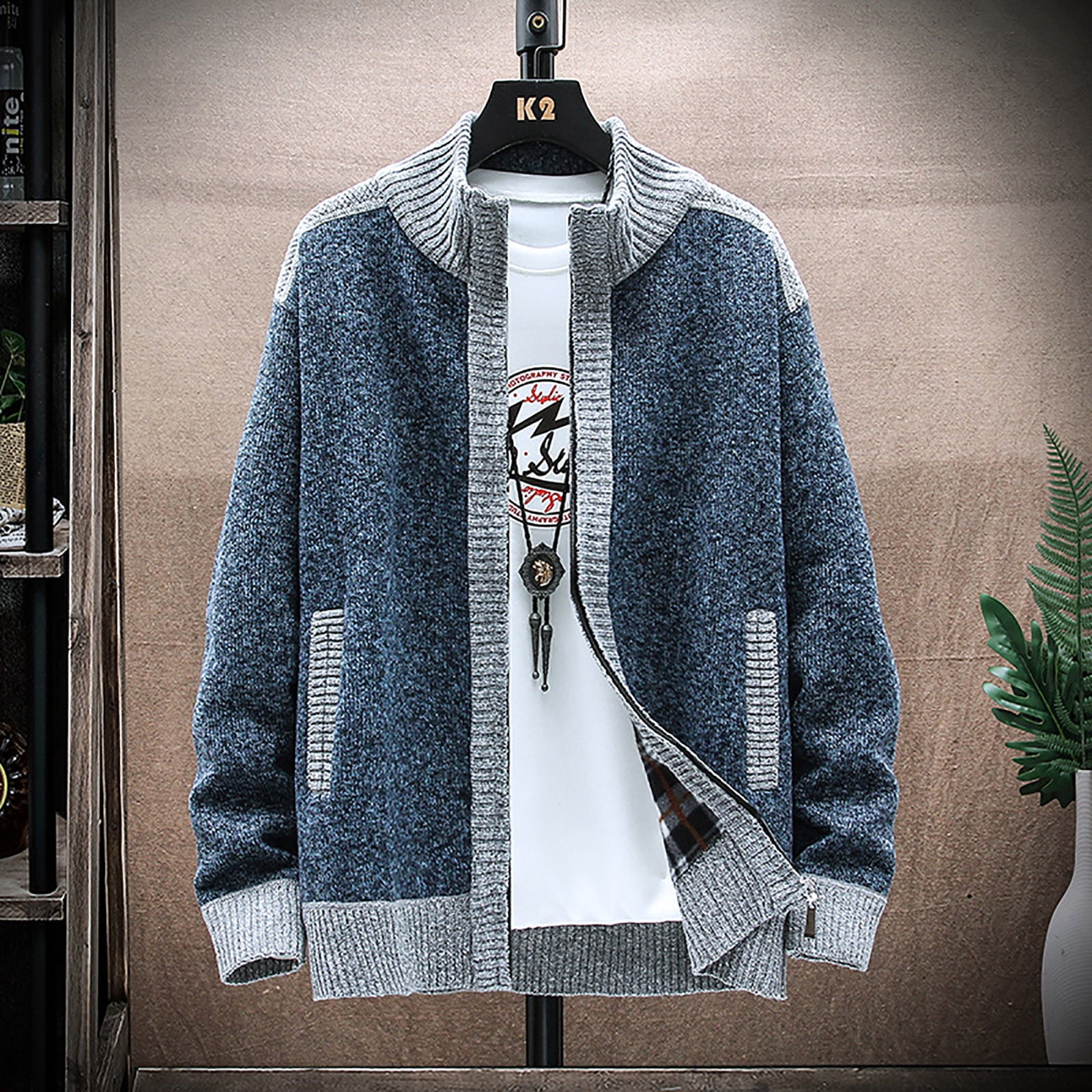 NWQKYZGH Men Coats Clearance Men'S Sweater Coat Plus Velvet Loose Knit Sweater Printed Cardigan
