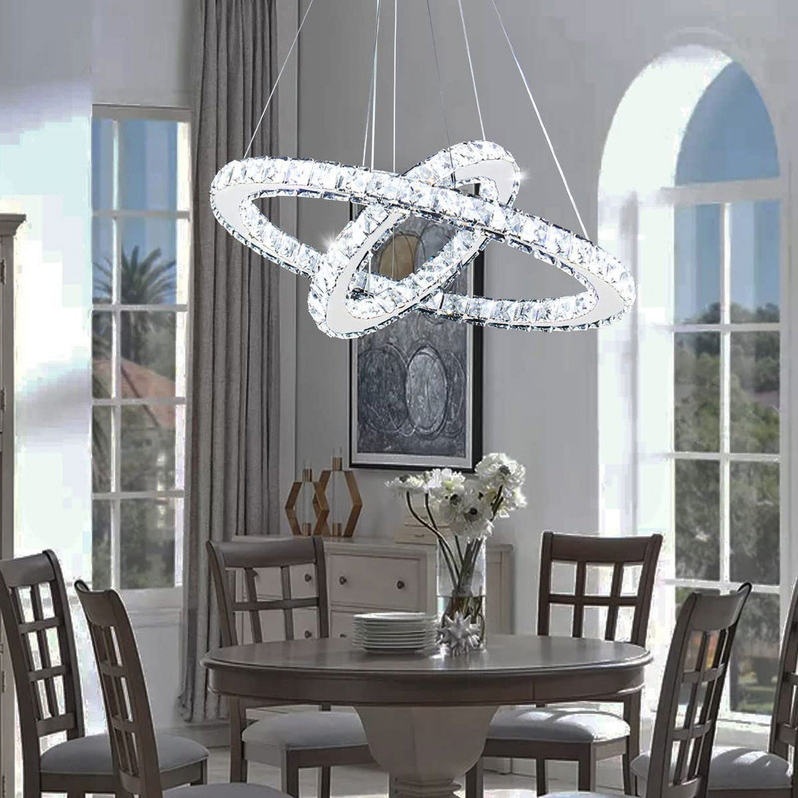 FRIXCHUR LED Modern Crystal Chandelier Ceiling Pendant Light 2 Rings Adjustable Stainless Steel Lighting Fixtures Dining Room Living Room (White)
