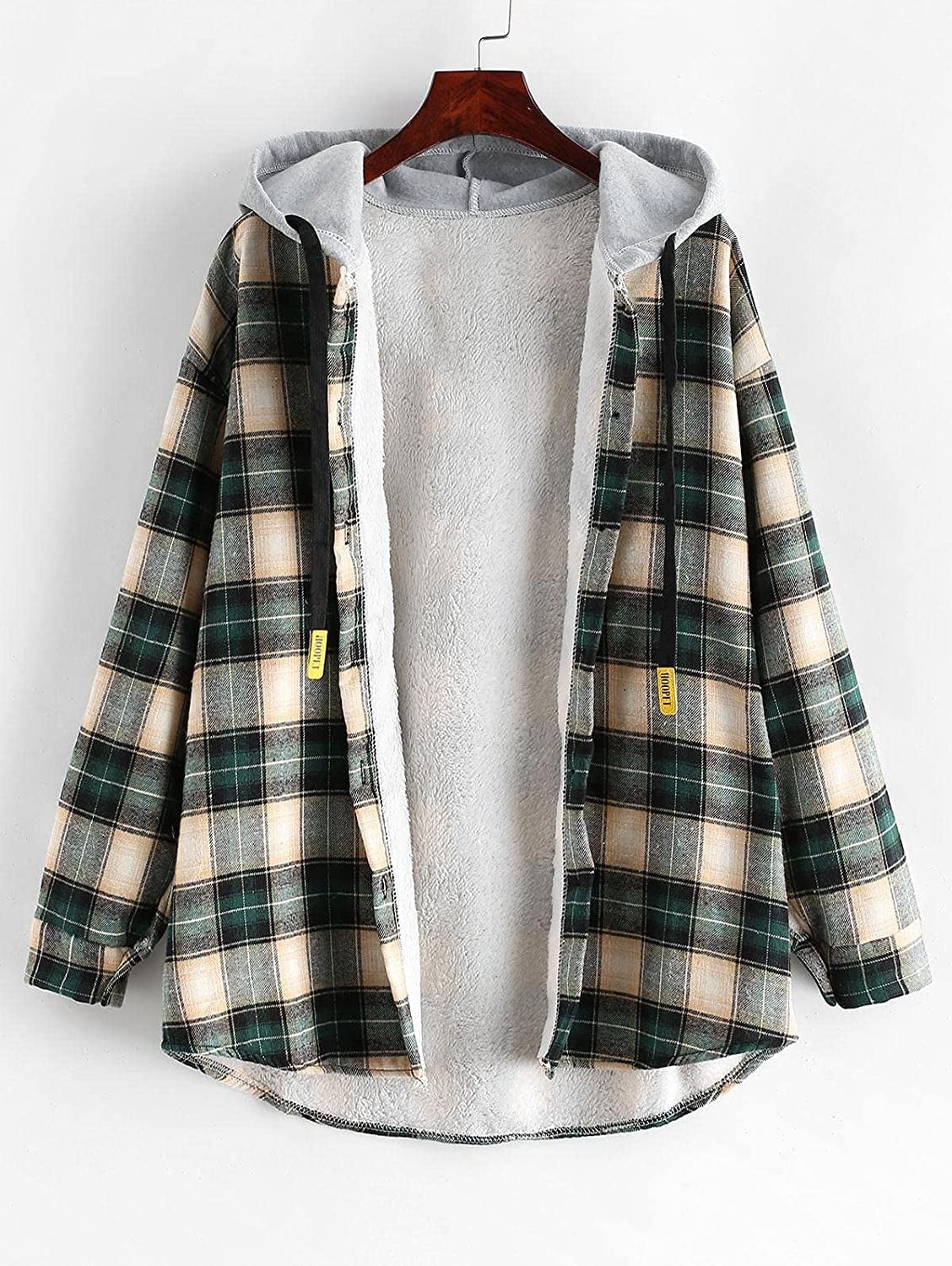 Plaid Fleece Lined Hooded Jacket Button 