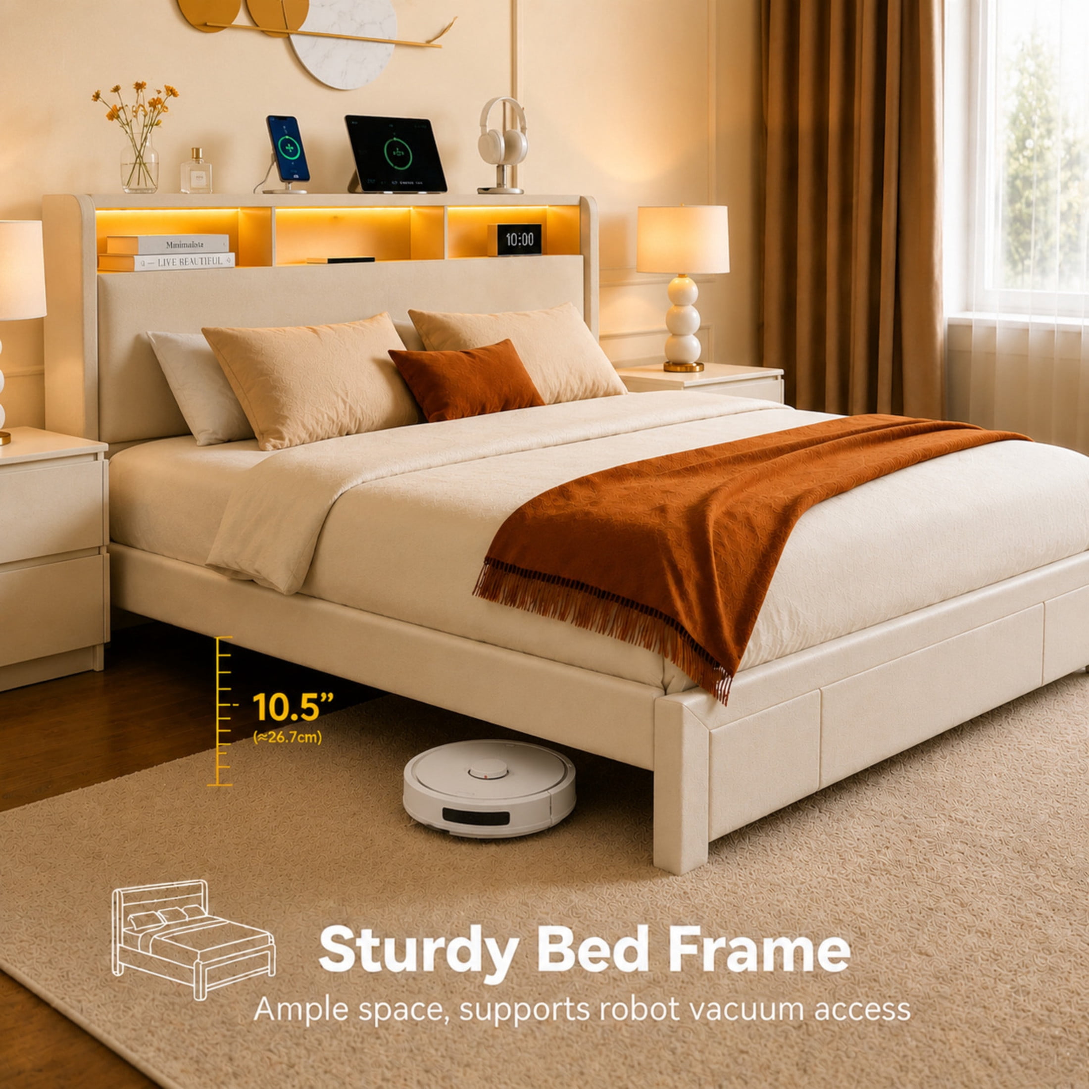 Noble House Rowen Queen Upholstered Platform Bed Frame with Charging Station & LED Light, Storage Drawers, Beige