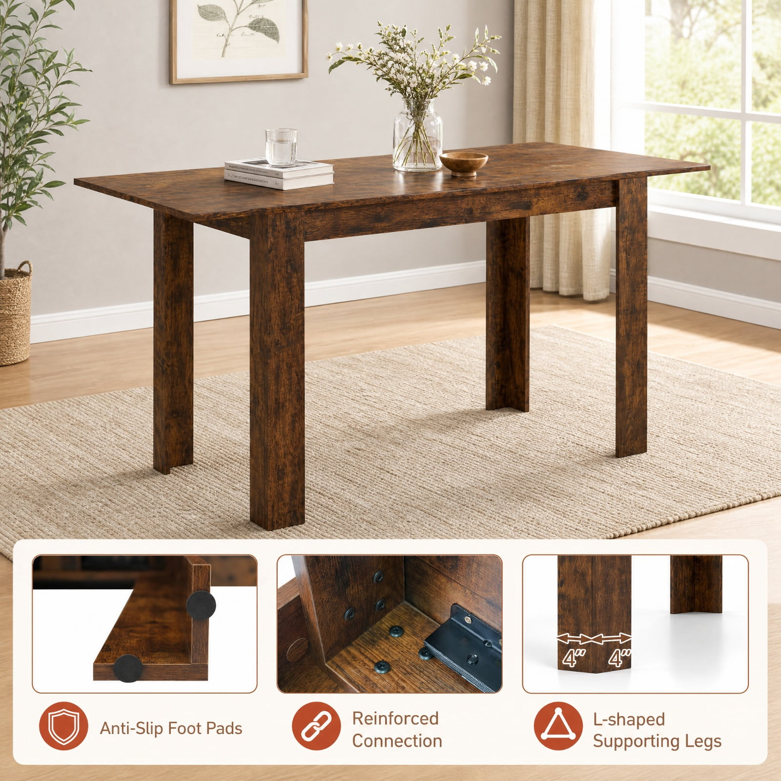 Furnibear Extendable Dining Table for 4 to 8 People with Sliding Rails and Thick L Shaped Legs for Kitchen and Dining Room, Rustic Brown