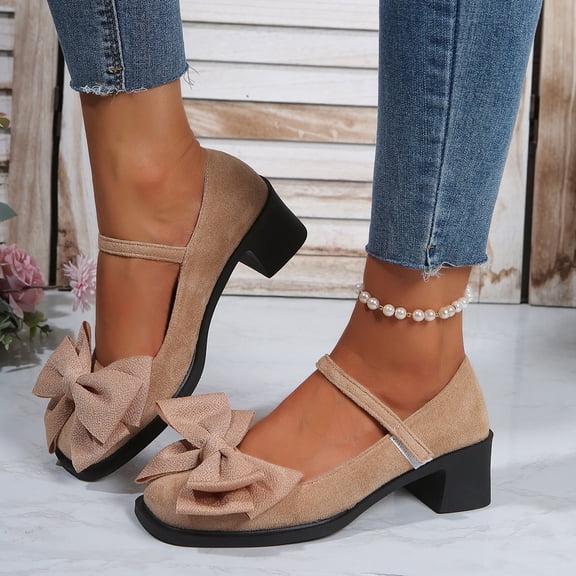 WAVSUF Low Chunky Heels for Women, Closed Toe Retro Bow Slip-On Urban Commute Minimalist Shoes Khaki 5.5