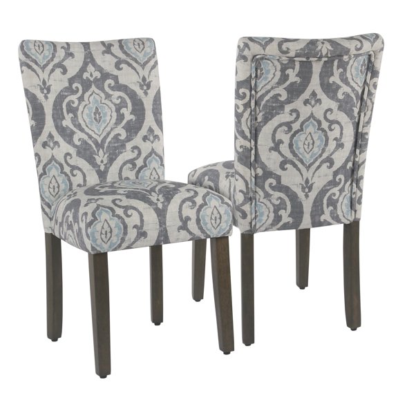 Wooden Dining Chair with Damask Print Fabric Upholstery, Gray and Blue, Set of Two