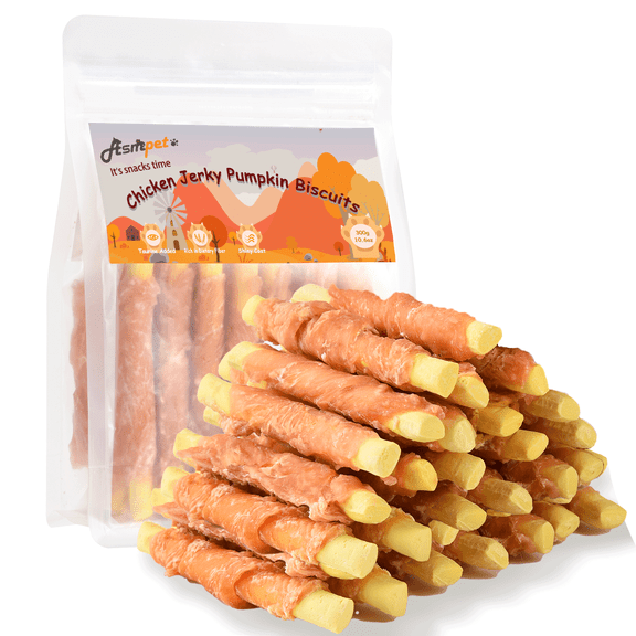 ASMPET Chicken Jerky Wrapped Pumpkin Biscuits for Dogs, Low Fat Pumpkin Dog Treats Chews, 10.6oz