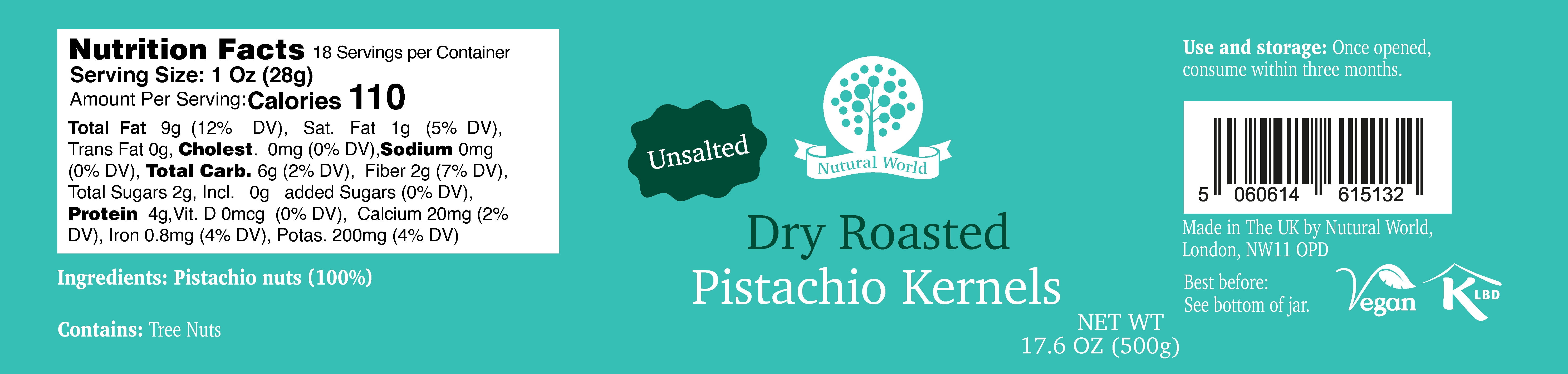 Nutural World - Dry Roasted Pistachio Kernels - Unsalted 17.63 oz (500g) - Vegan, Kosher, Paleo Friendly - Contains Pistachios (Tree Nuts)