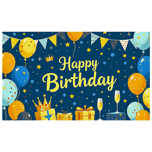 Blue Background Happy Birthday Banner with Balloons Crowns Gifts and Glasses Party Decoration Backdrop for Birthday Party Celebrations Photography Props Decorations