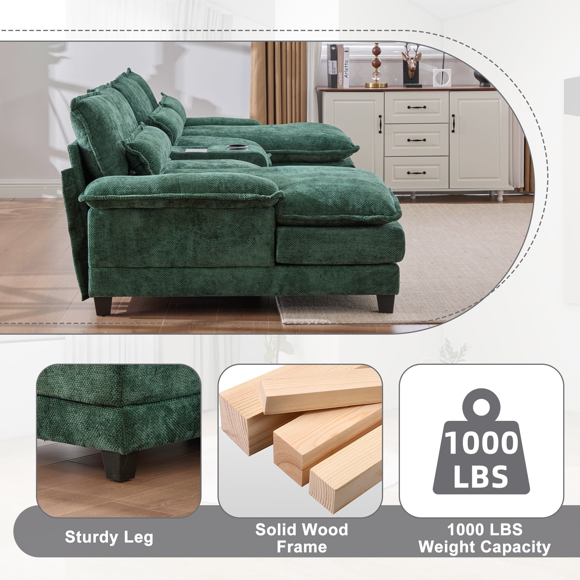Villeston 126.77" U-Shaped Cloud Sofa With Chaise Lounge, Chenille Sofa With Wireless Charging, Bluetooth Speaker, Two Cup Holders, Storage Drawer, Suitable For Living Room,Green