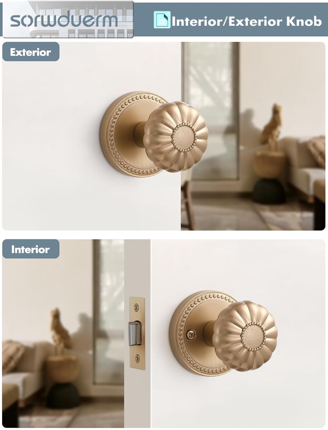 1 Pack Champagne Bronze Door Knobs Passage Door Knobs Interior Satin Brass Door Knob for Hall and Closet,Zinc Alloy