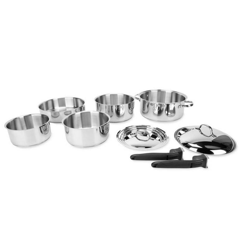 Camco 10 Piece Stainless Steel Cookware Nesting Pots And Pans Set W/lids, Detachable  Handles & Storage Strap For Camping, Tailgating, Boat, And Rv : Target