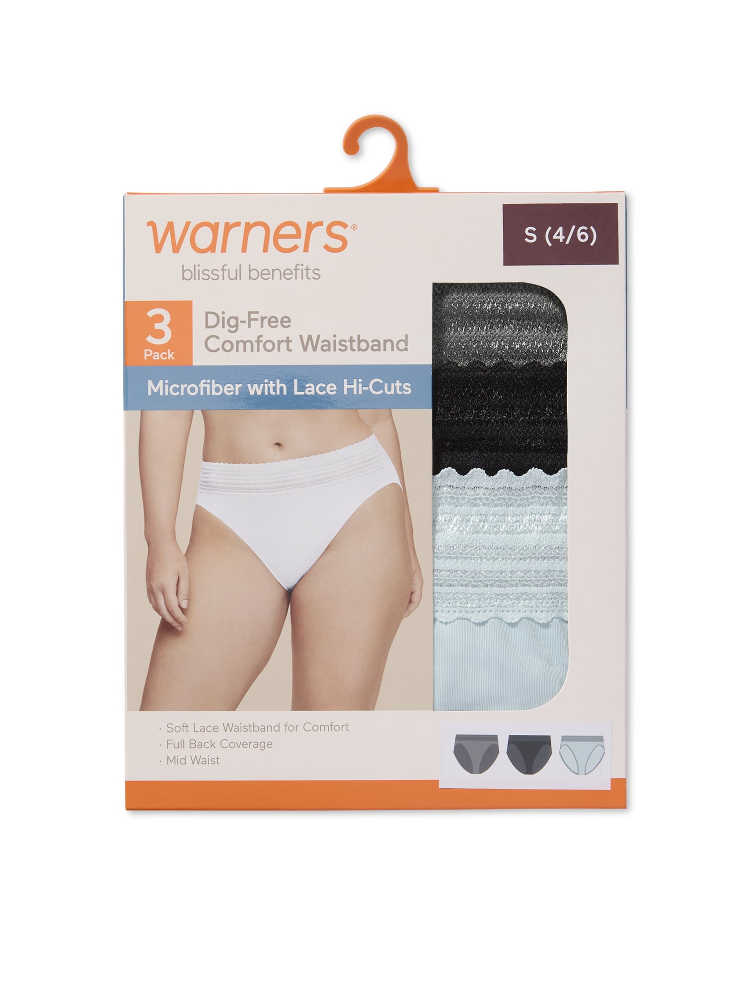 Warners® Blissful Benefits Women's Dig-Free Comfort Mid Waist Microfiber Hi-Cut with Lace 3-Pack S-3XL
