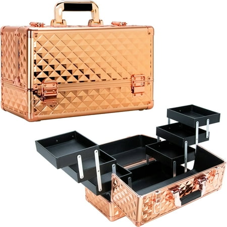 Ver Beauty Makeup Organizer Case with 6 Extendable Trays & Keylock Train Box (Rose Gold Diamond)