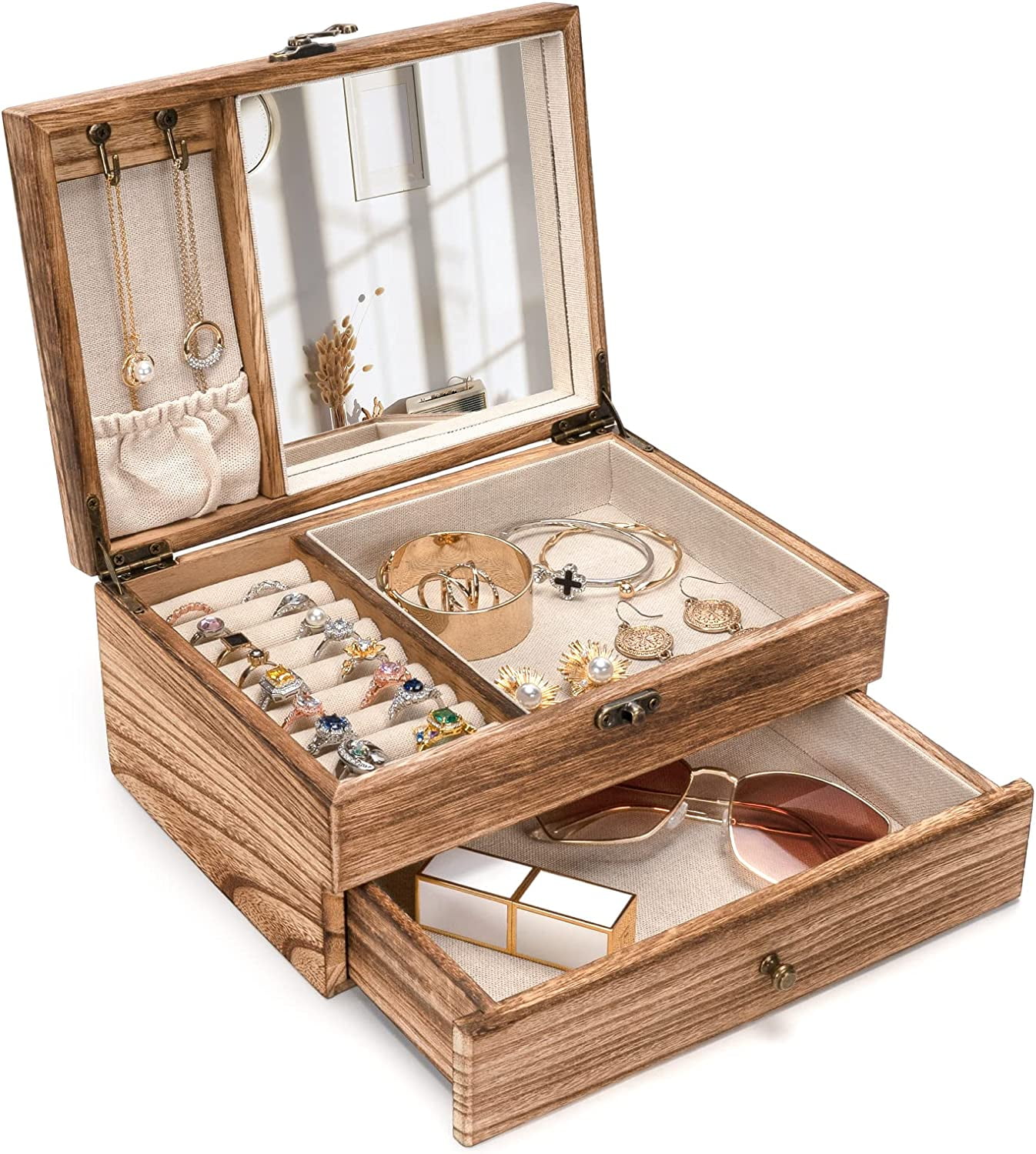 Emfogo Jewelry Box,2 Layer Rustic Wooden Jewelry Boxes & Organizers with Mirror for Girls Women