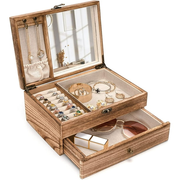Emfogo Jewelry Box,2 Layer Rustic Wooden Jewelry Boxes & Organizers with Mirror for Girls Women