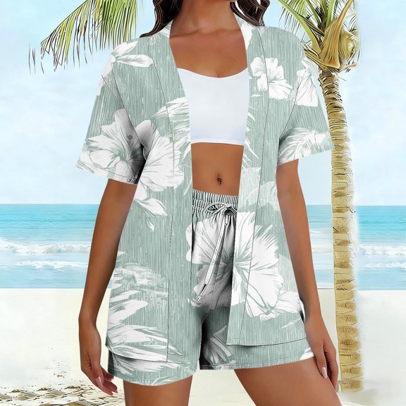 YueHuiYing Women's Two-Piece Shirt Sets Short Sleeve Summer Casual Linen Shirt Elastic Waist Short Sets Outfits