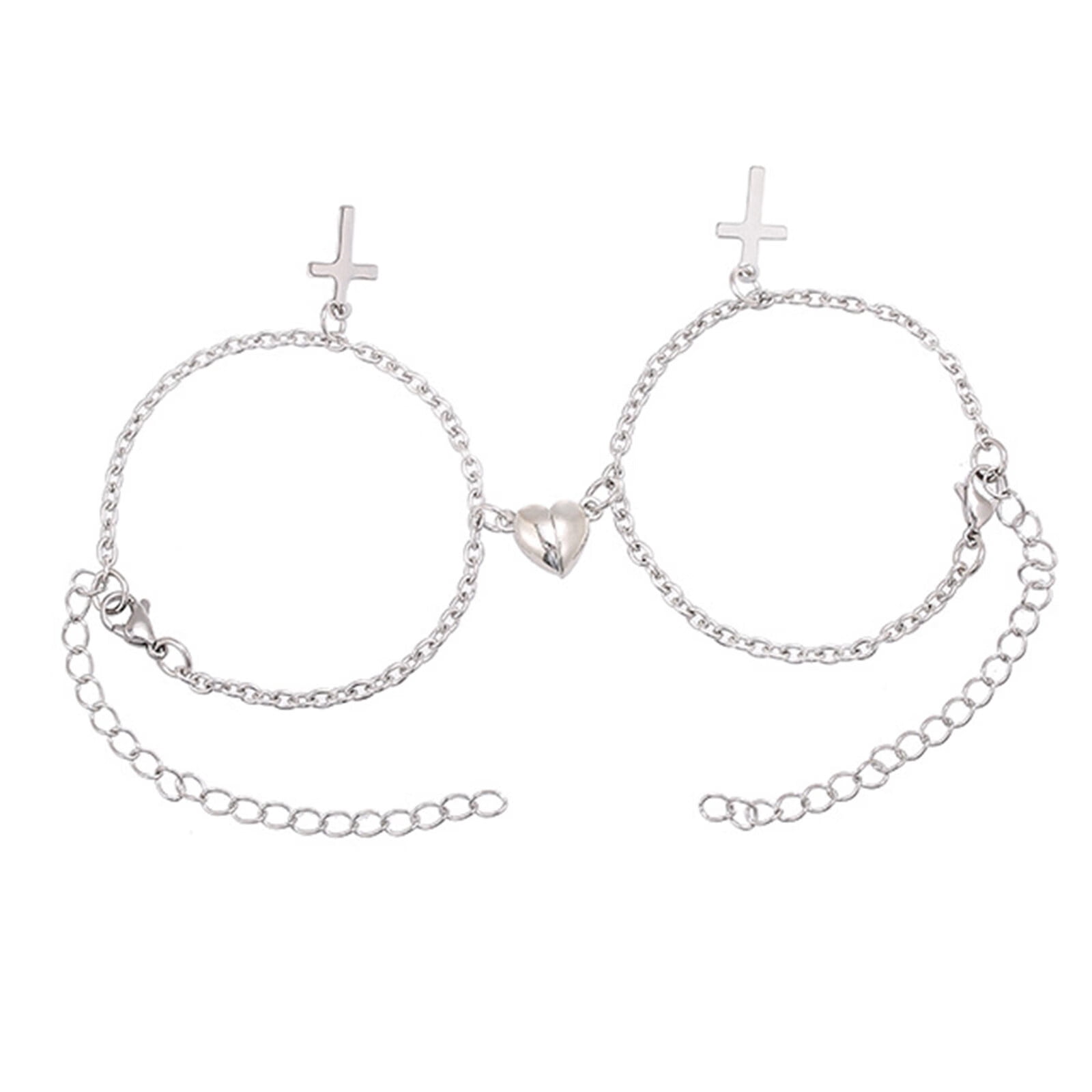 2pcs/set Fashion Titanium Steel Magnetic Heart Charm Chain Bracelet For Men  Women For Daily Decoration