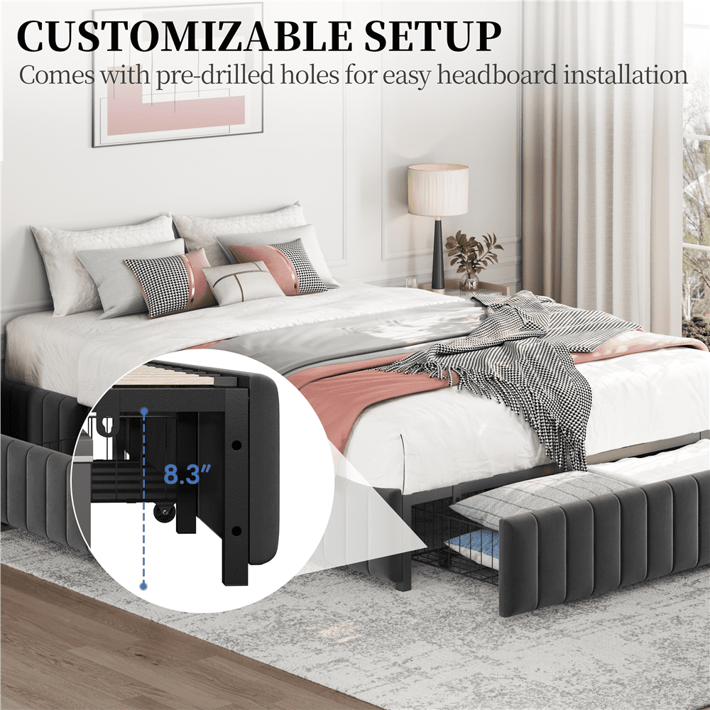 Fullfurnique Upholstered Platform Bed Frame with Three Storage Drawers, Full, Dark Gray