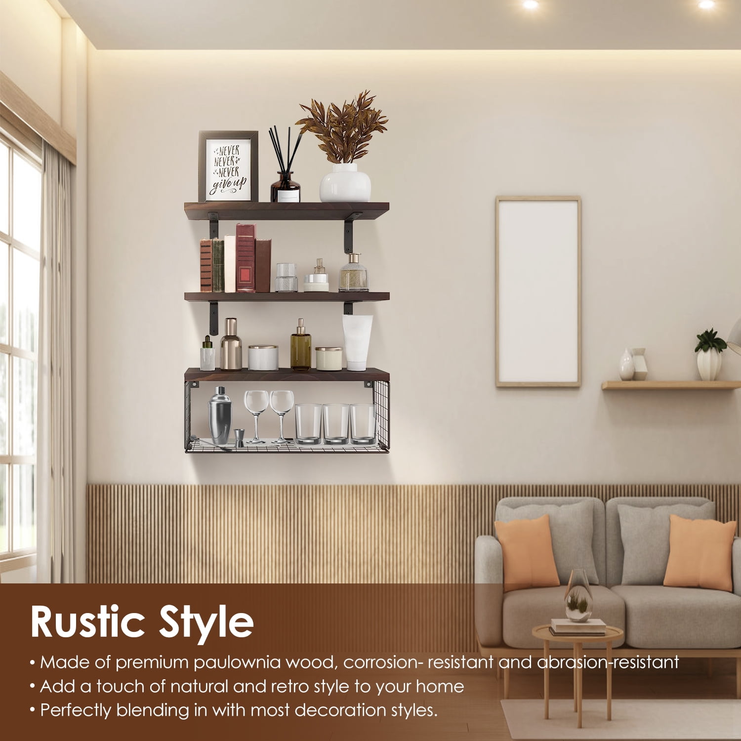 Zorpupoa Rustic Floating Shelves, Wall Mounted Wooden Bathroom Floating Shelves Over Toilet Shelves with Storage Basket for Living Room Kitchen Office, Brown