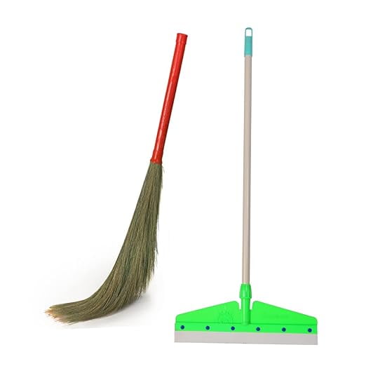 Hari Ram Gulab Rai Household Wiper Cleaning | Squeegee + Phool Jhadu | Plastic Handle Floor Wiper With No Dust Raver Grass Broom | Perfect For Kitchen, Balcony, Garage, Bathroom & Office | Combo