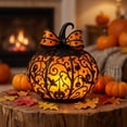 thumbnail image 3 of Halloween Pumpkin Lamp Stained Glass Pumpkin Lantern,Resin Hollow Pumpkin Night Light With Bow Decor,For Home Bedroom Halloween Party Thanksgiving Decorations,15*15*15Cm, 3 of 6