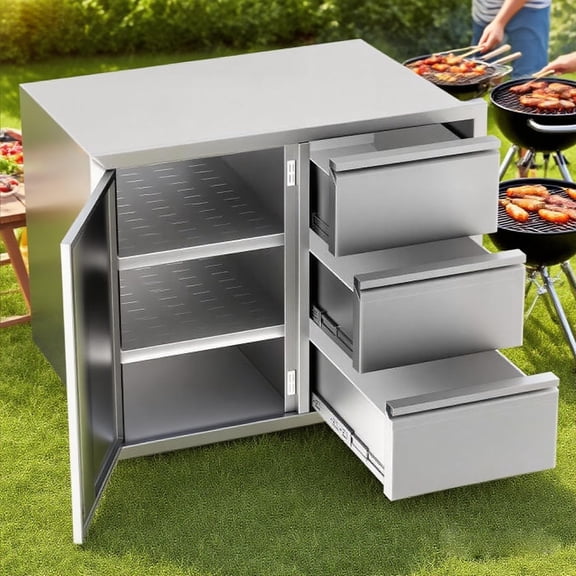 28 W x 19.7" D x 22" H Outdoor Kitchen Door Drawer  Cabinets(Right) with Partition,  304 Stainless Steel Multi-Layer Outdoor Kitchen Storage Drawers
